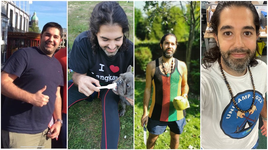 images of the founder showing their health journey. from overloaded and oversized, four stages to heatlhier, more aligned body weight and feeling