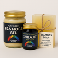 Three natural health products including sea moss gel, shilajit, and soap on a white background