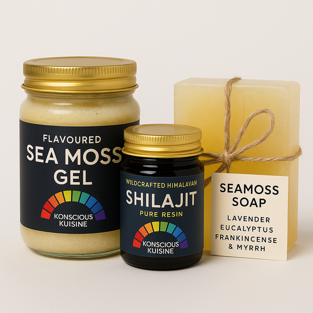 Three natural health products including sea moss gel, shilajit, and soap on a white background