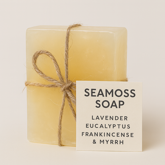 Bar of Seamos soap with a label on a beige background