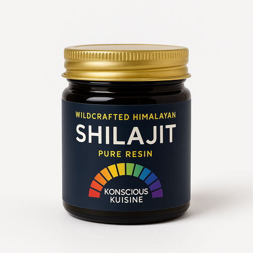 Jar of Shilajit pure resin with a gold lid on a white background