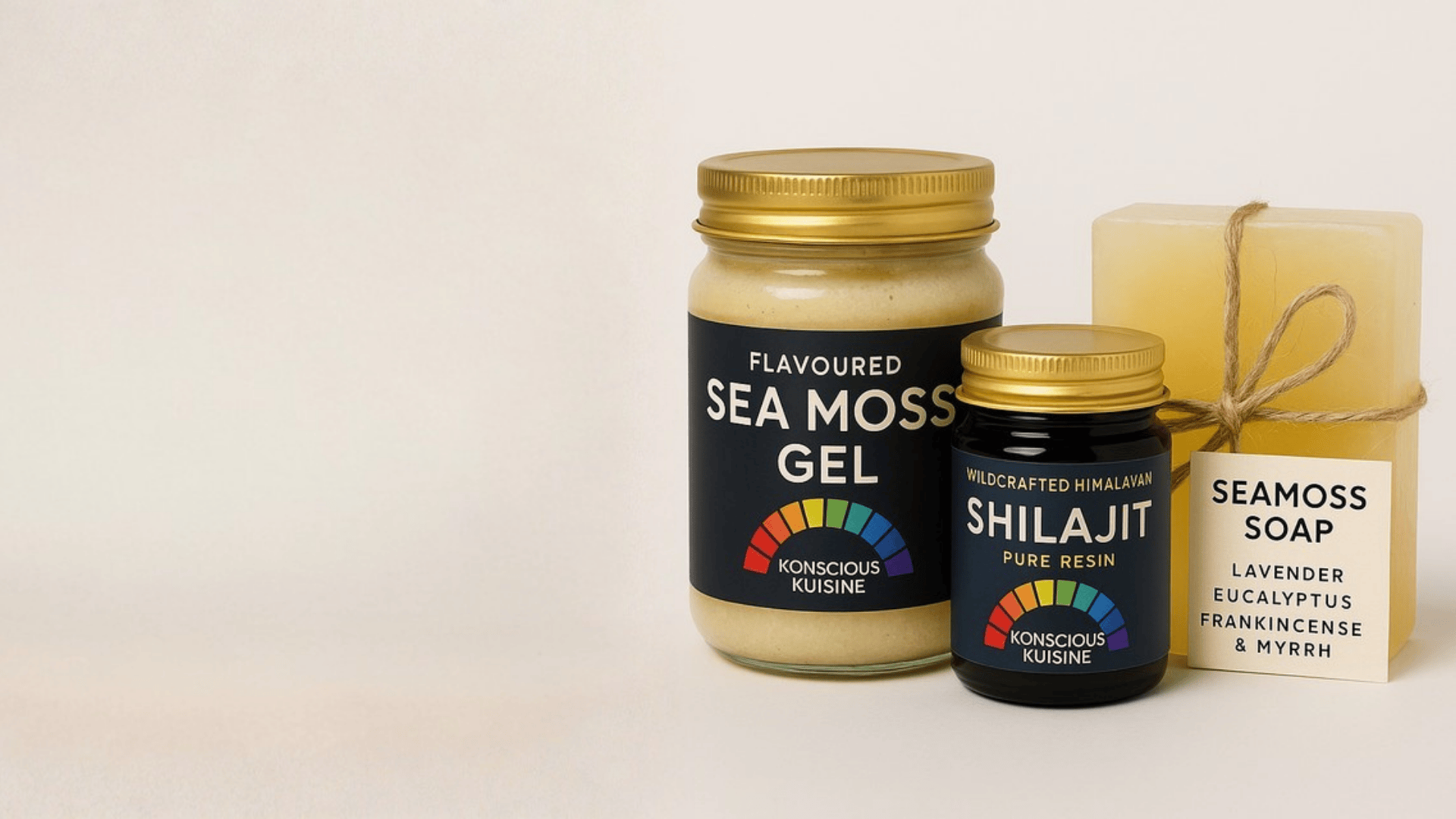 Three products from Konscious Kuisine on a light beige background